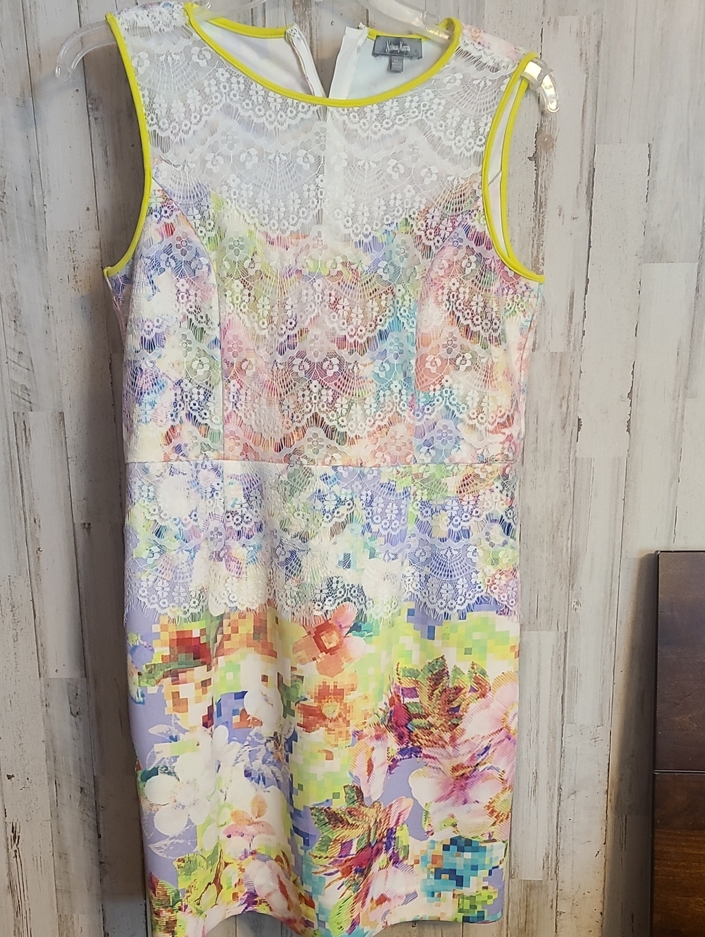 Neiman Marcus White Lace Top Sheath with Neon Yellow Trim